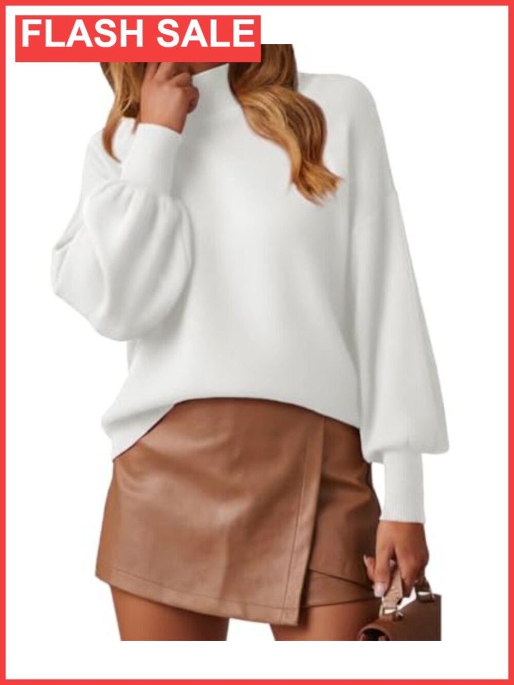 Mock Neck Long Lantern Sleeve Lightweight Knit Pullover Sweater